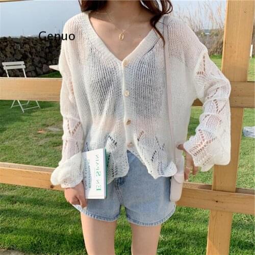 Cardigans Women Solid V-Neck Flare Sleeve Thin Sexy Elegant Sweet Female Knitting Sweaters Womens Loose Leisure Daily Autumn New