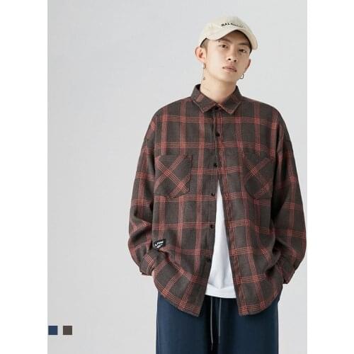 Plaid Shirt Men Long Sleeve Vintage Green Harajuku Male Clothes Women Brown Blouse Oversize Korean Branded Cardigan Wholesale