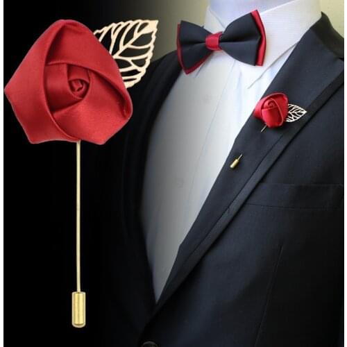 Korean Classic Mens Fabric Flower Brooch Leaves Long Needle Handmade Cloth Art Rose Brooches Gifts for Men Wedding Accessories