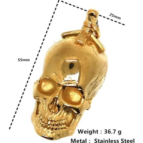 Unisex 316L Stainless Steel Cool Punk Gothic Rider Gold-Color Skull Pendant Free Chain