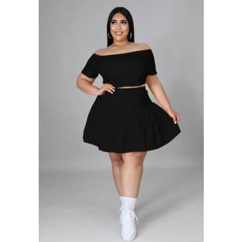 Summer Women Sexy Solid Color Off The Shoulder Short Sleeve Pleated Plus Size Two Piece Mini Skirts Suit Wholesale Dropshipping