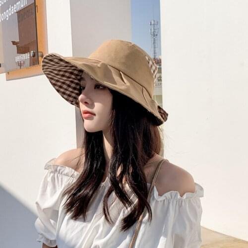 Summer Women Plaid Sun Hat Elegant Big Wide Brim Foldable Beach Sun Floppy Hats Bow Caps Fodable Lady