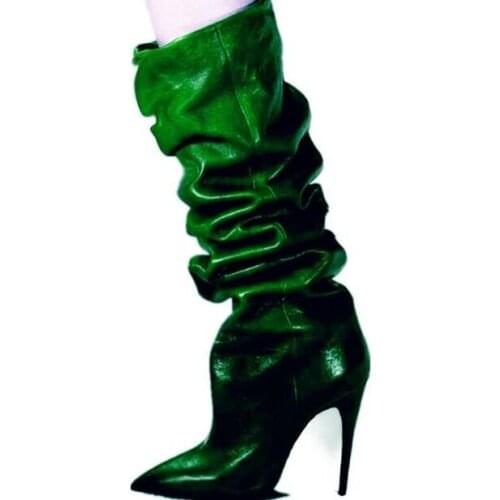 Hot Woman Solid Green Blue Purple Black Genuine Leather Pleated Stiletto Heels Pointed Toe Knee High Slip On Long Boots