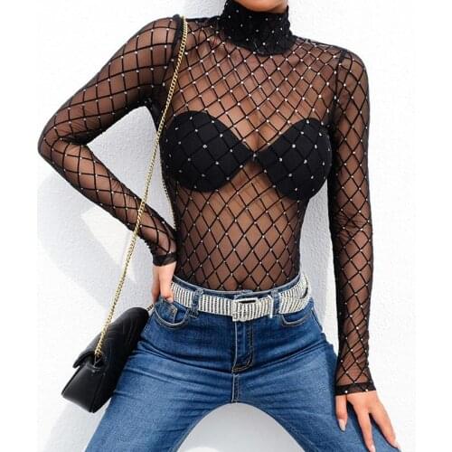 New Fashion Perspective Mesh Bodysuit Women O-neck Long Sleeve Nightclub Lace Women Bodysuit Sexy Body Mujer Lace Bodysuit