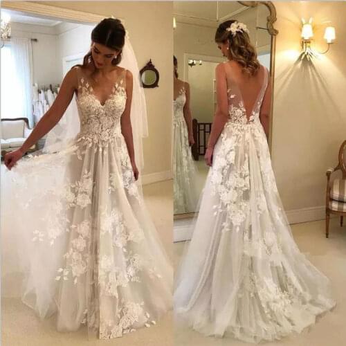 MYYBLE 2021 Vintage Lace Appliques Boho Wedding Dresses V-neck Backless Beach Wedding Gowns Bridal Dresses vestidos de novia