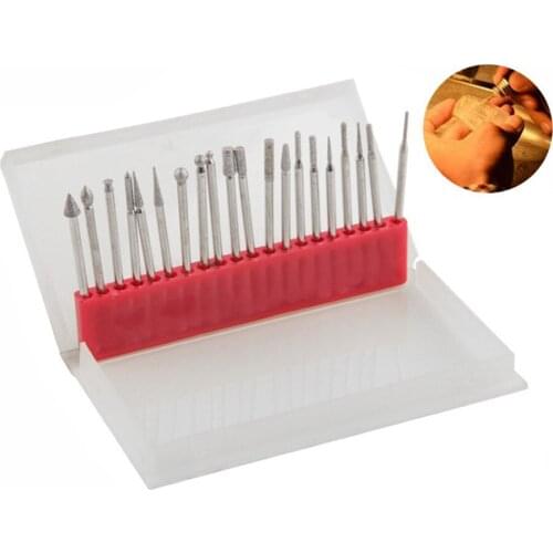 20pcs Diamond Grinding Burr Needle Point Engraving Carving Polishing Glass Jade Stone Drill Bit Rotary Tool Set