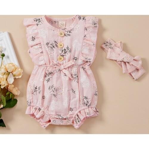 Baby Girls Clothes Kids Children Clothing Ruffle Floral Print Romper Jumpsuit + Headband Set Infant Toddler Newborn Outfits Suit