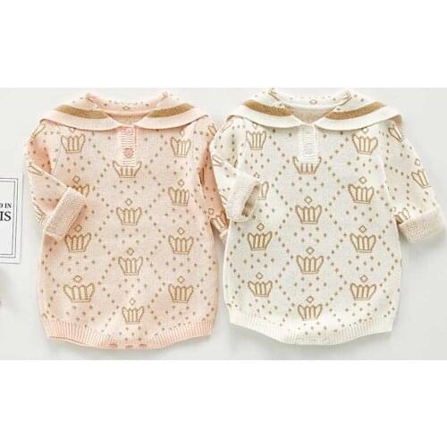Autumn Baby Girl Clothes Sailor Collar Toddler Girls Bodysuits Knitted Baby Long Sleeve Jumpsuit Cute Crown Print Baby Sweater