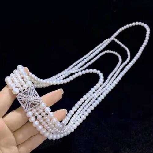 Handmade4strands white freshwater pearl necklace micro inlay zircon accessories button sweater necklace long 48-75cm
