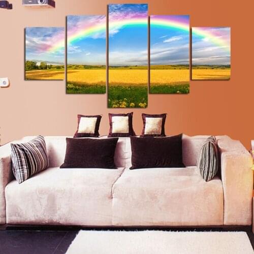 5 Pieces Beautiful Rainbow Field Posters Home Decor Wall Picture for Living Room Modern Style Modular Hd Printed Canvas Painting