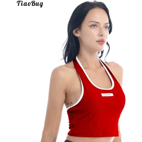 TiaoBug Women Sexy Summer Pure Color Vest U Neck Halter Neck Sleeveless Open Upper Back Letters Stitching Cropped Top