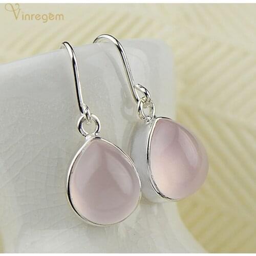 Vinregem 100% 925 Sterling Silver Water Drop Rose Quartz Gemstone Wedding Engagement Romantic Earrings For Women Fine Jewelry