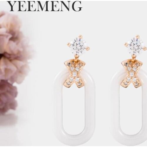 YEEMENG New Elegant Zircon Drop Earrings Women square Shape Pendant White Ceramic Ellipse Dangle Earrings Jewelry