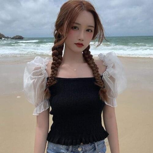 Square Collar Chiffon Summer Fashion Stitching Slim Open Navel Knitted Womens Casual Short Sleeve Top