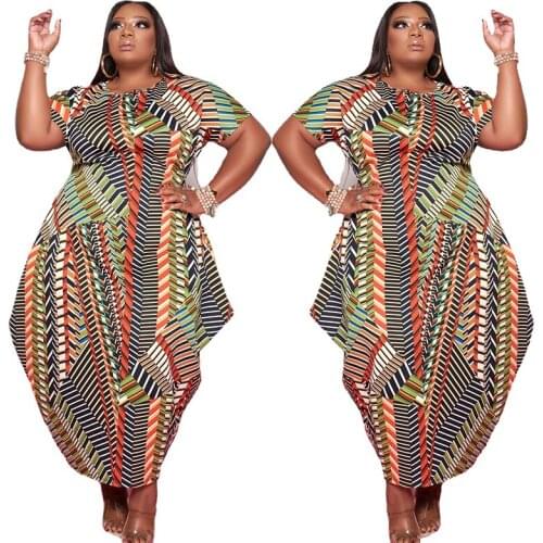 Plus Size Summer Dress 5xl Fashion Round Collar Short Sleeves Irregular Print Elegant Women Long Dresses Wholesale Dropshipping