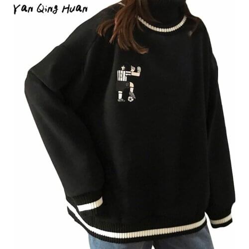 Winter Warm Fashion Cartoon Harajuku Womens New Pullover Sweatshirt High Collar Plus Velvet Thick Wild Tops Hoodies Coat