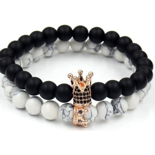 8mm 2PCS/Lot kmj7 elastic adjusted nature stone Frosted agate Onyx black volcanic lava white Howlite Crown Bracelet