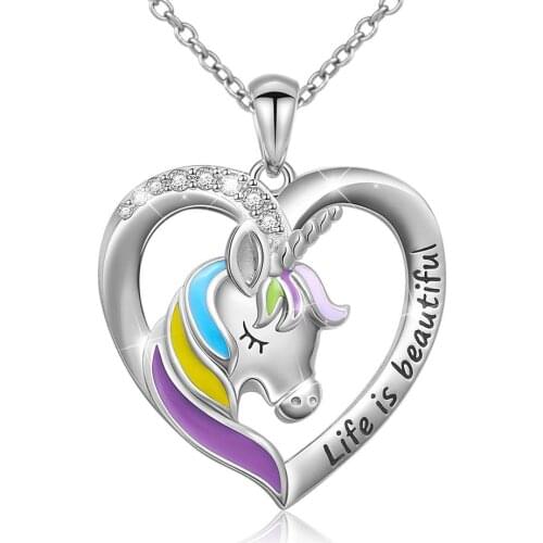 Life Is Beautiful Letter Unicorn Heart Pendant Necklace for Women Teen Girl Gift Silver Color Chain Jewelry