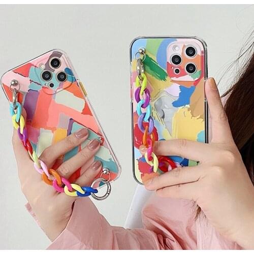 Fashion Rainbow Wrist Chian Phone Case For iPhone 12 11 Pro Max XS Max XR X 7 8 Plus SE 2020 Handing Strap Art Graffiti Cases
