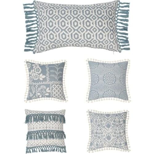 E56C Boho Accent Soft Fringe Throw Pillow Case with Tassels Retro Geometric Floral Printed Decorative Square Cushion Cover