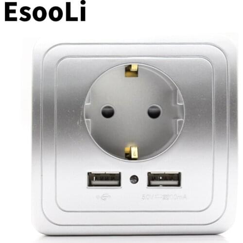 EsooLi Grey Smart Home Dual USB Port Wall Charger Adapter Charging 2A Wall Charger Adapter EU Plug Socket Power Outlet PC Panel