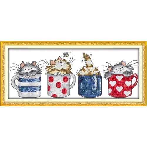 Cats hide in the cups cross stitch kit 18ct 14ct 11ct count print canvas cotton floss embroidery DIY handmade needlework plus