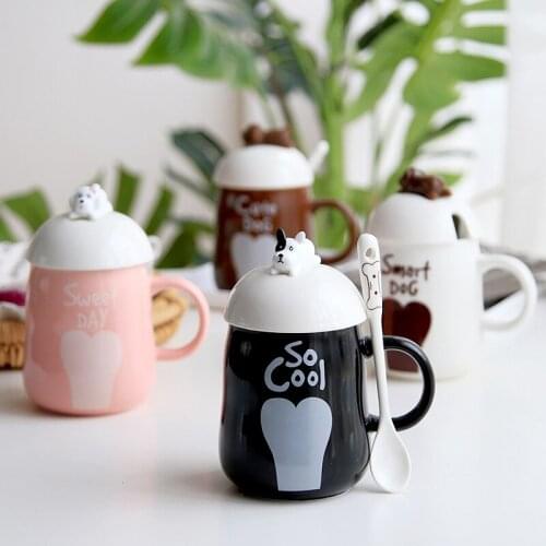 Mug Creative Cartoon Animal Puppy Ceramic Cup with Cover Spoon Art Cup Lovers Coffee Cup Fashion Men and Women Water Cup