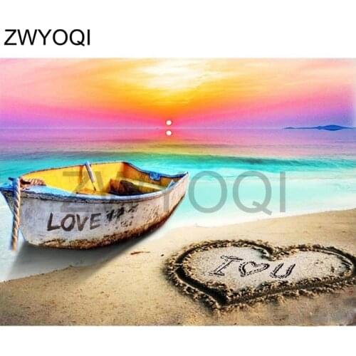 Full Round Diamond painting Cross stitch Seaside beach Full Square Diamond mosaic Love boat sea 5DDIY Diamond embroidery rainbow