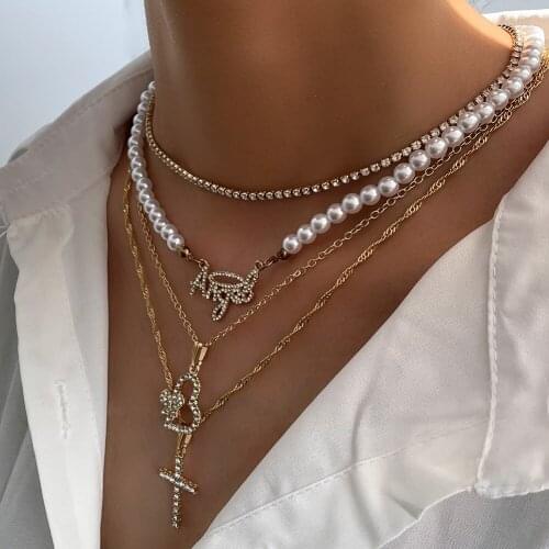 Retro Multi Layer Letter Cross Choker Imitation Pearls Necklace For Women Crystal Heart Tennis Chain Necklace Charm Jewelry Gift