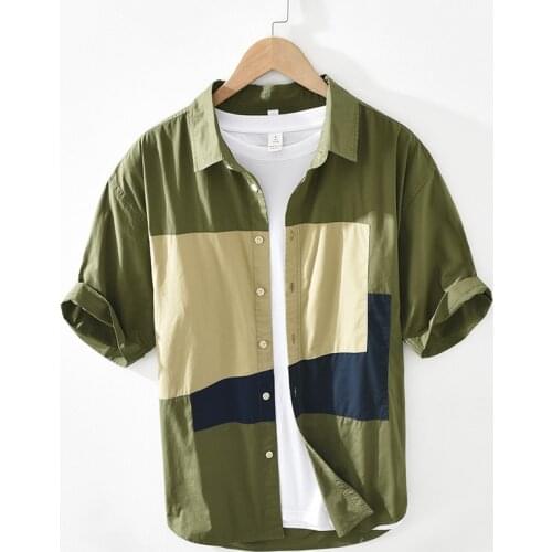 Casual Safari Style Patchwork Short Sleeve Shirt for Men Summer New Pure Cotton Fashion Tops Male Japanese Streetwear Clothes