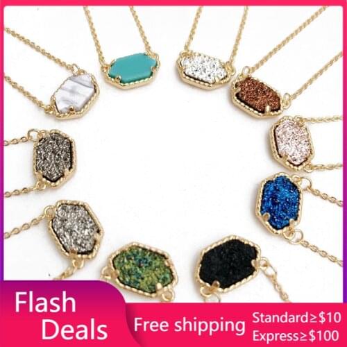 Druzy Drusy Pendant Necklace Hexagon Resin Druse Gold Colour Chain Collar Fashion Brand Jewelry Women Girl Gift