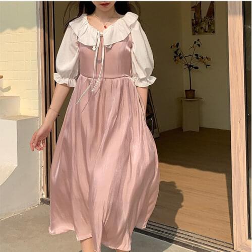Hstar Japanese Women Summer NEW Preppy Style A-line Dress Sweet White Blouse+dress 2 Pcs Set Female Kawaii Two-Piece Dresses