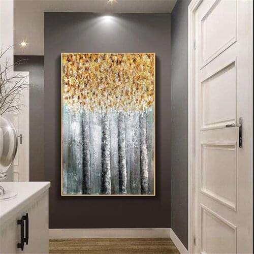 Hand Painted Oil Painting Abstract Four Trees With Gold Leaves On Canvas Wall Art Modern Unframed Art For Living Room Home Decor