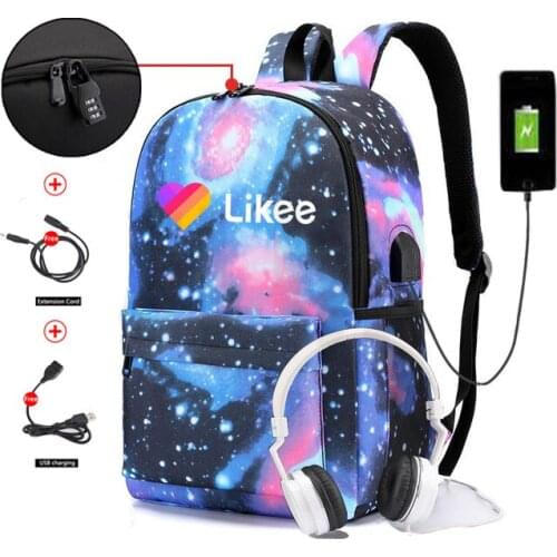 BPZMD Russia Likee App "LIKEE 1 (Like Video)" Backpack USB Charging Bags Men Anti-theft Heart Cat School Bags for Teenage Girls