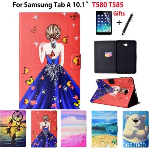 SM-T585 Tablet Case For Samsung Galaxy Tab A A6 10.1" 2016 SM-T580 T585 T585N Smart Cover Funda Fashion Girls Shell+Film+Pen