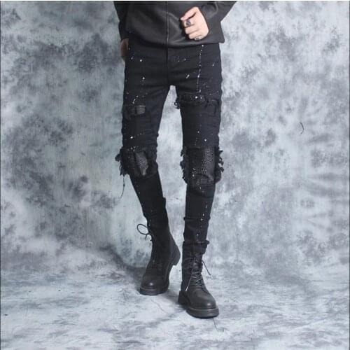 Spring And Summer New Jeans Mens Fashion Slim Feet Knee Hole Folds Trousers Hairstylist Casual Skinny Pencil Pants Singer Pants