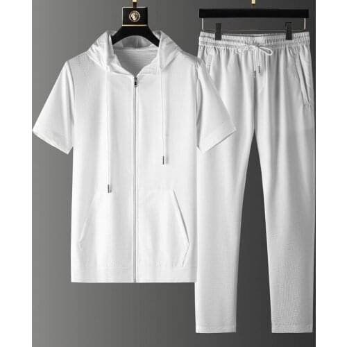 High End Tracksuit Men Leisure Suit Mens Summer Quick Dry Thin Hooded Short Sleeve Sweater Cardigan Sport Two Piece Handsome