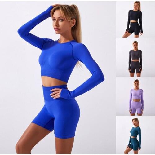 2PCS Energy Seamless Workout Clothes Women Yoga Set High Waist Leggings Long Sleeve Crop Top Gym Set Female Sport Suit
