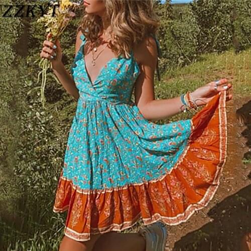 ZZKYT 2021 Women Summer Vintage Floral Print Mini Dress Fashion V-Neck Sleeveless Backless Vacation Dresses Vestidos Mujer
