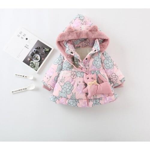 Baby Girl Winter Coat Toddler Girl Thick Hooded Cotton Jacket Korean Outwear Baby Girl Clothes Print Warm Parkas + Bag