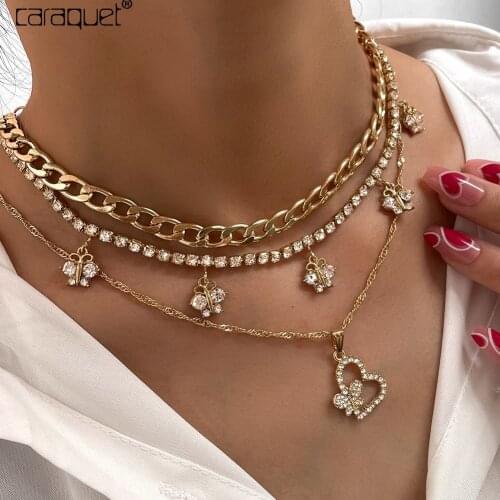 3 Pcs/Set Crystal Butterfly Tennis Chain Choker Necklaces For Women Fashion Golded Metal Chain Heart Pendant Necklace Jewelry