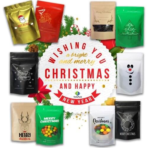 50pcs/lot Christmas Eve Gift Packag Bags Various Designs Plastic Storage Bags Stand Up Ziplock Bags For Christmas Present