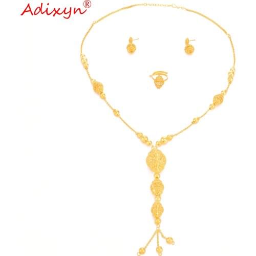 Adixyn Dubai Gold Earrings Necklace Ring Set for Women Bridal Africa Indian Jewelry Wedding Gifts N1021H2