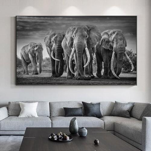 African Wild Elephant Family Canvas Painting Black and White Animal Posters and Prints Art Wall Picture for Living Room Decor