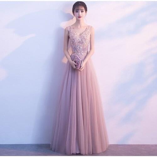 Chinoise V Neck Long Cheongsam Pink Evening Dresses Qi Pao Women Chinese Traditional Clothing Oriental Style Host Dress Qipao