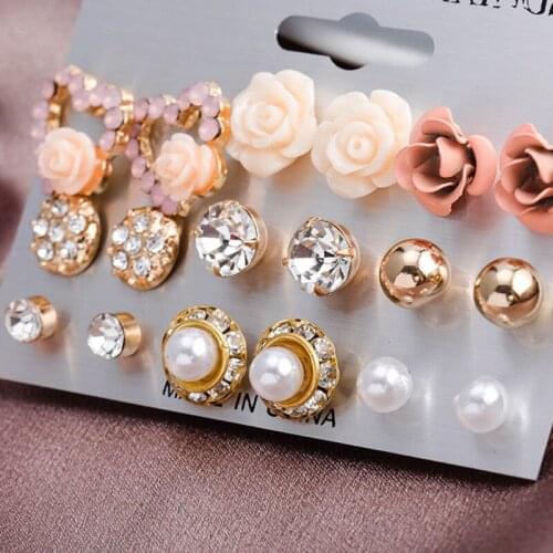 Elegant 9 Pairs/set Womens Pearl Flower Crystal Studs Earrings Girls Elegant Rose Flower Heart Ear Jewelry Gift