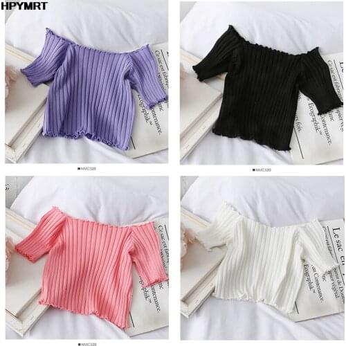 Sexy Women T-shirts Off Shoulder Knitting Crop Tops Women Short Sleeve Stretchy Ruffles Hem T-shirt Stripes For Female T shirts