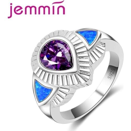 Fine 925 Sterling Silver Jewelry Purple Water Dorp Shape Fashion Blue Opal Ring for Wedding Party Engagement Decoration