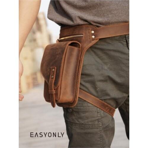 Leather Retro Motorcycle Shoulder-Sling-Waist Bag Mens Multi-Function Riding Large Capacity Fanny Belt Leg Bag