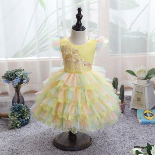 Fancy Flower Girl Dress Kids Yellow Tulle Ball Gown Children Easter Birthday Party Dresses Gowns Teenagers Rainbow Vestidos